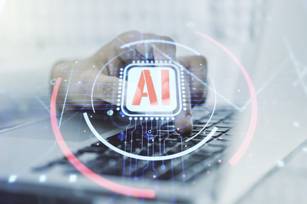 Double exposure of creative artificial Intelligence abbreviation with hand typing on computer keyboard on background. Future technology and AI concept