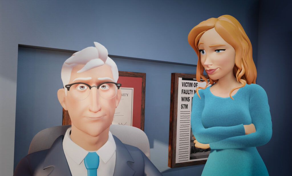 Animated image of a woman looking at a lawyer sitting at a desk