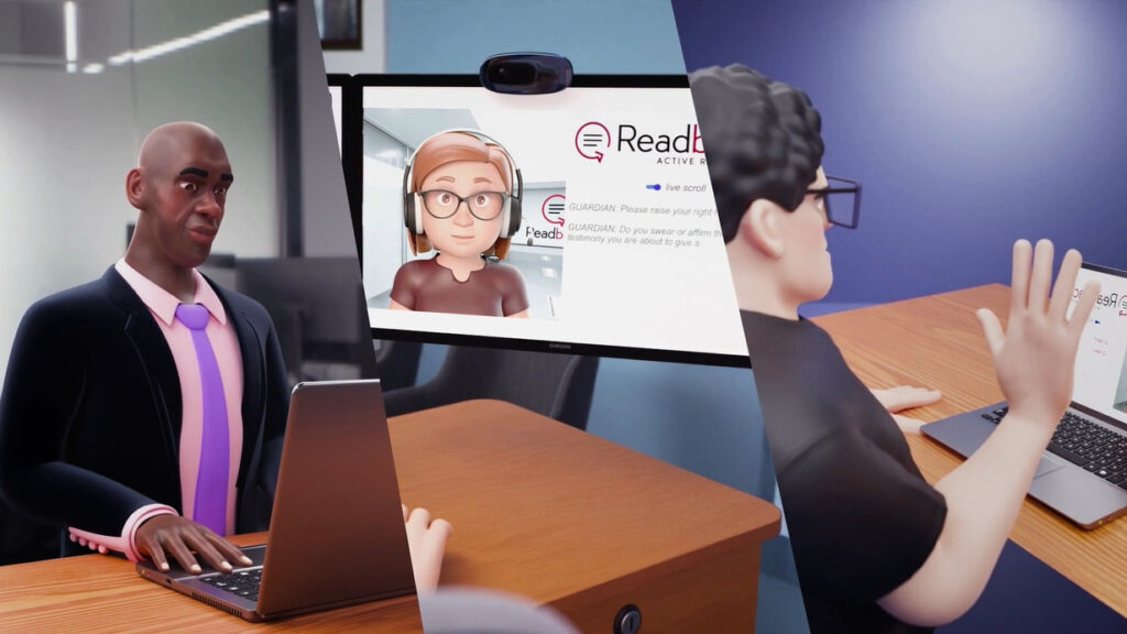 A screenshot from the Readback animation video. The image is split into three sections. In the middle is a monitor showing the readback guardian and viewer. On the left is a lawyer and on the right a person is testifying. All 3 of them are on a video call.