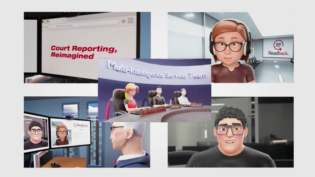 A clip from the Readback animation. The screen is portioned into 5 sections. In the top left is a screenshot of readback.legal that says "court reporting reimagined". The top right features a guardian in the readback office wearing a headset. Bottom left is a lawyer on a zoom call with the guardian and another person. Bottom right is the other member of the zoom call.